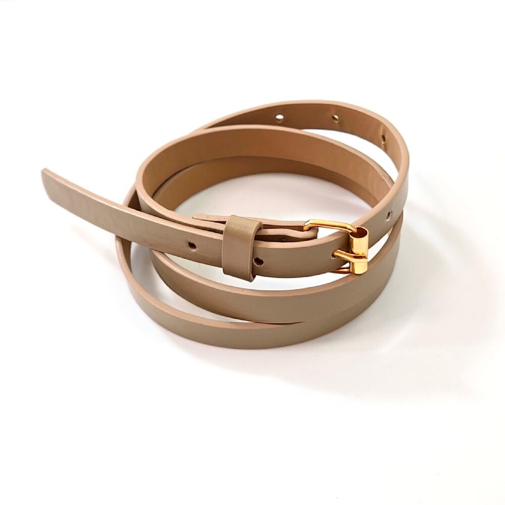 Beige  faux Leather Thin women's Belt gold buckle